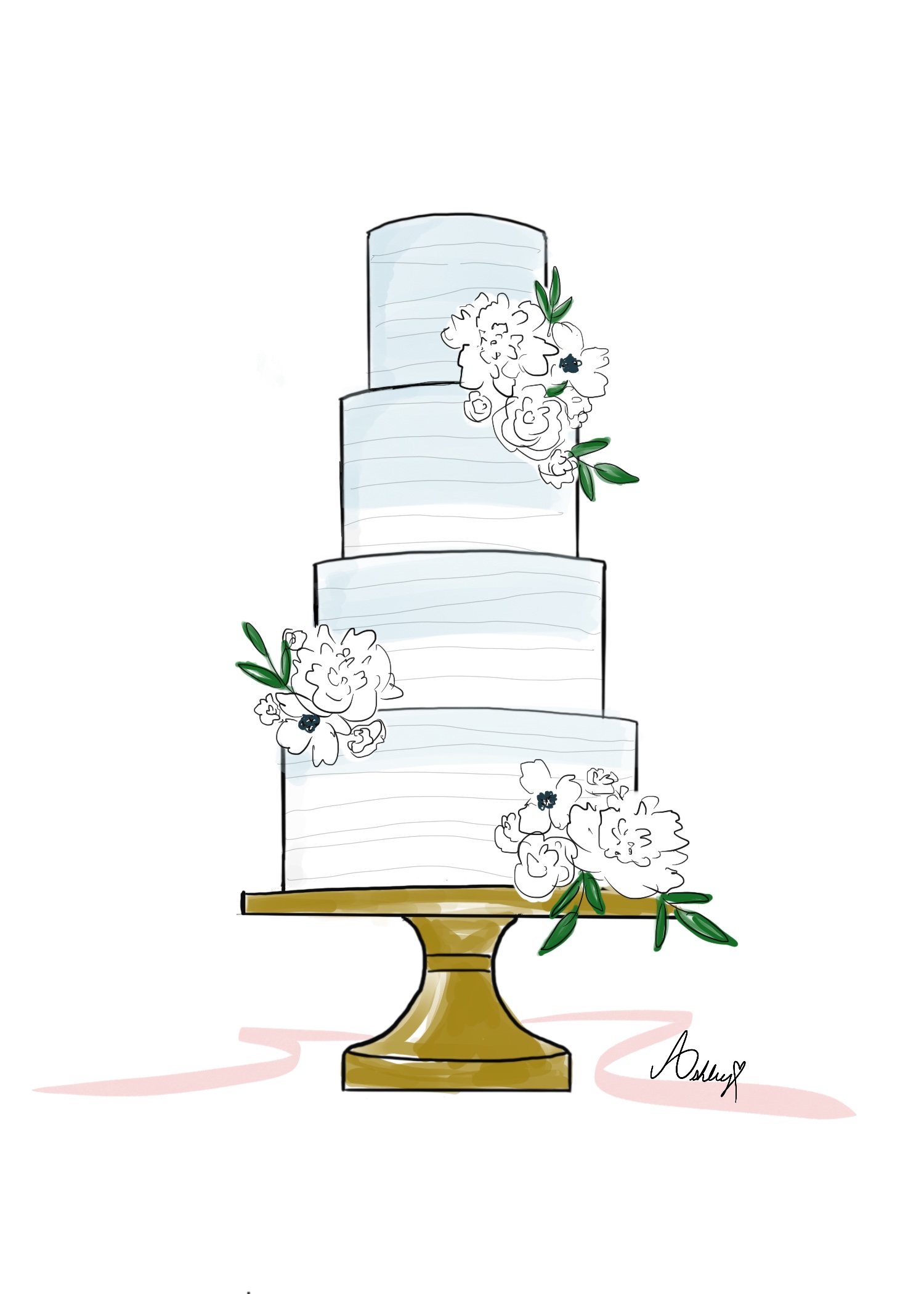 wedding cake sketch drawing with dusty blue watercolor