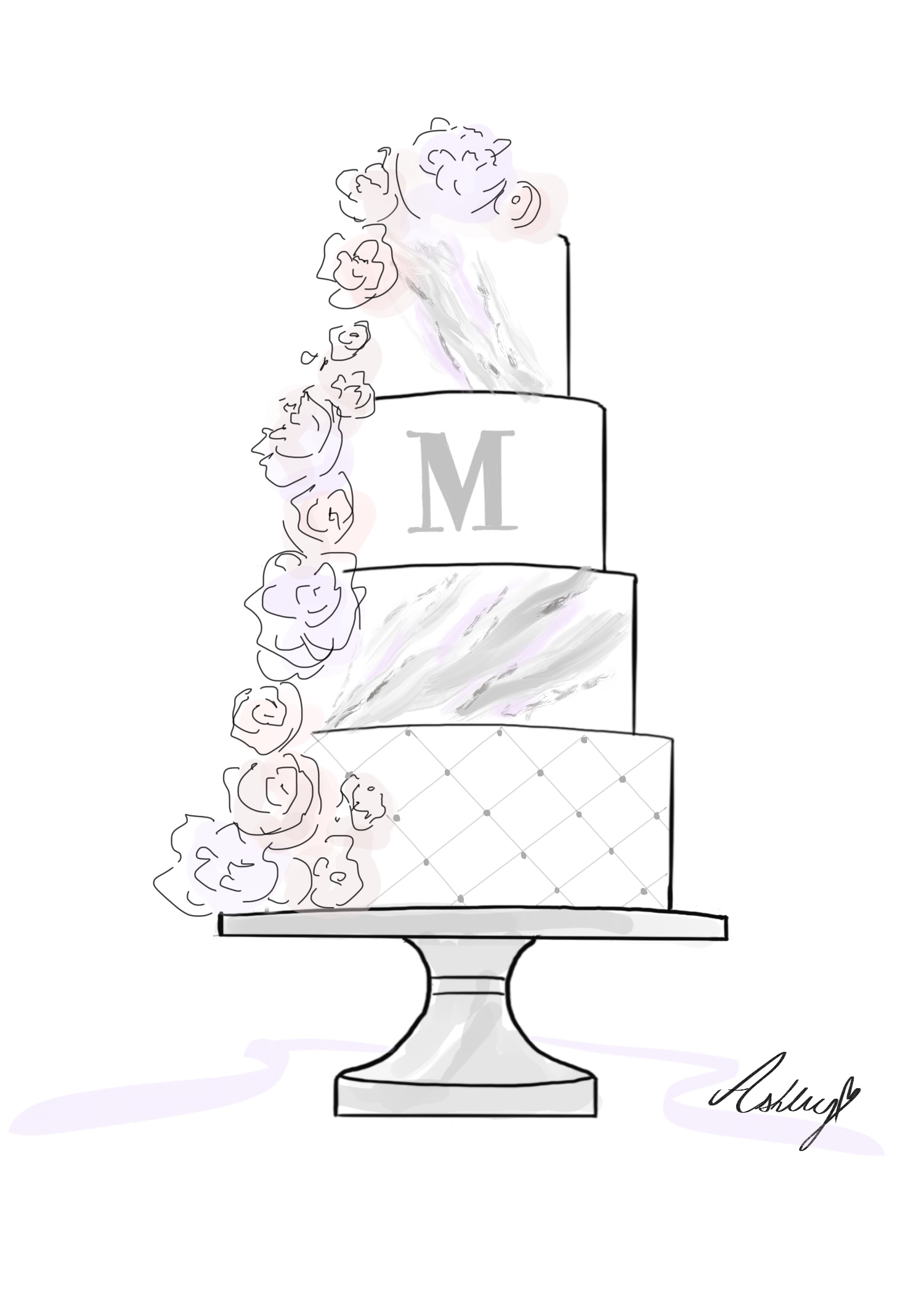 wedding cake sketch with fresh flower cascade